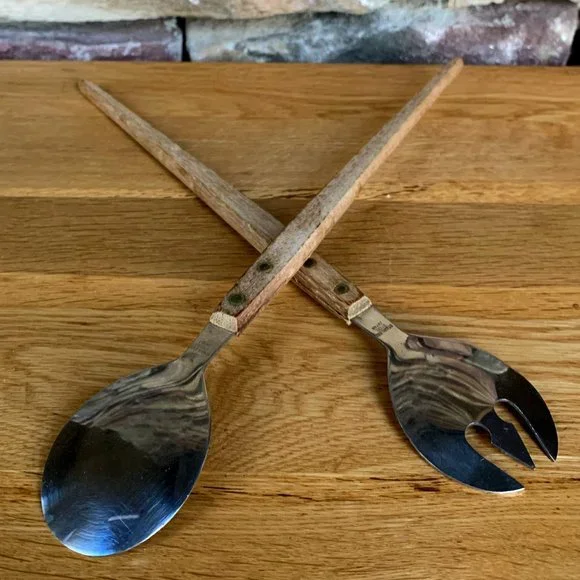 VTG Salad Servers Japan Mid-century Modern Wood Stainless Retro MCM