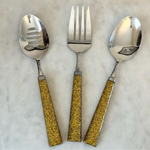 3 Piece Gold Glitter‎ Lucite Serving Pieces Slotted Spoon, Serving Spoon & Fork
