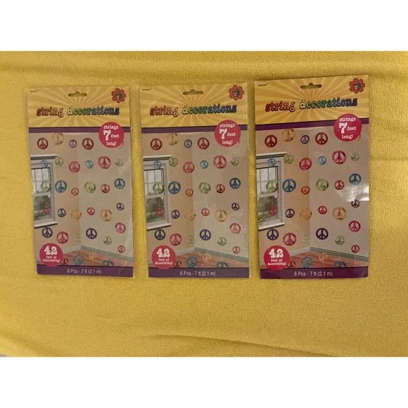 Peace Sign String Decorations 3pk Multicolor 60s‎ Retro 7ft New Groovy Party