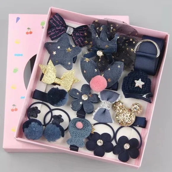 Hair Clips, Bows, Barrette And Hair Ties Set For Girls. 18 Pieces New In Box.