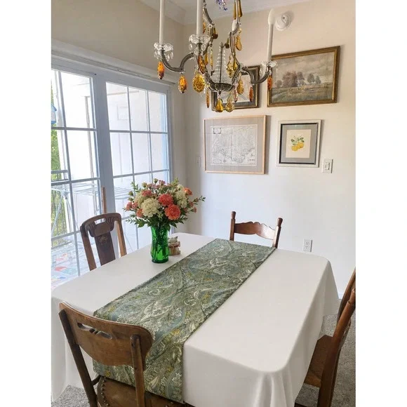 Pottery Barn Tablecloth And Table Runner Cream Green Paisley Cotton Provence