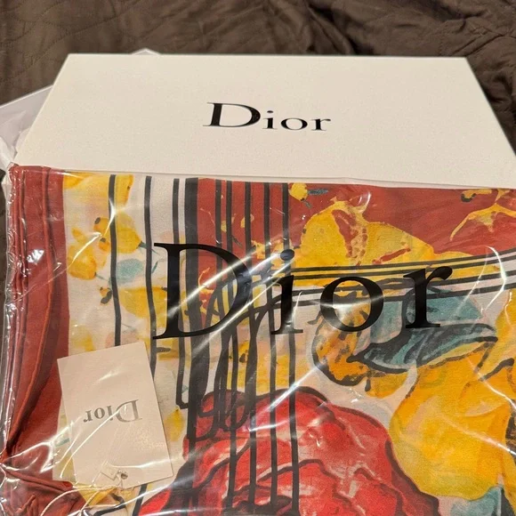 Dior Floral Logo Scarf — Red, Yellow, Teal, Cream