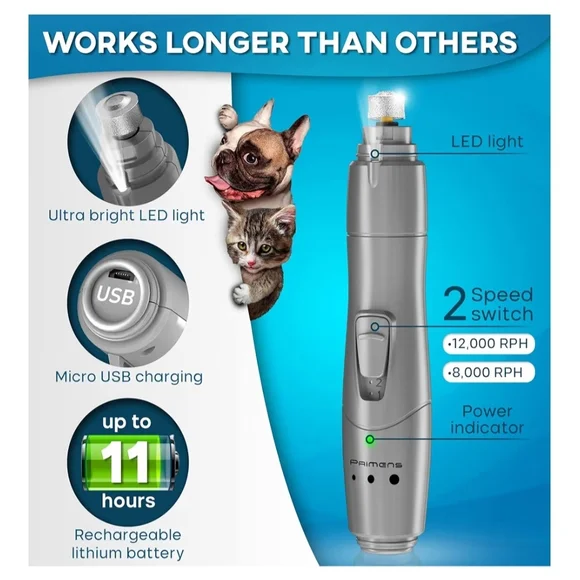 Dog Nail Grinder with LED Light, Rechargeable Dog Nail Grinder for All Size Dogs