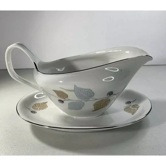 Bavaria Germany Fine China Mid-Century Blue Brown Leaf Gravy Boat Silver Edging