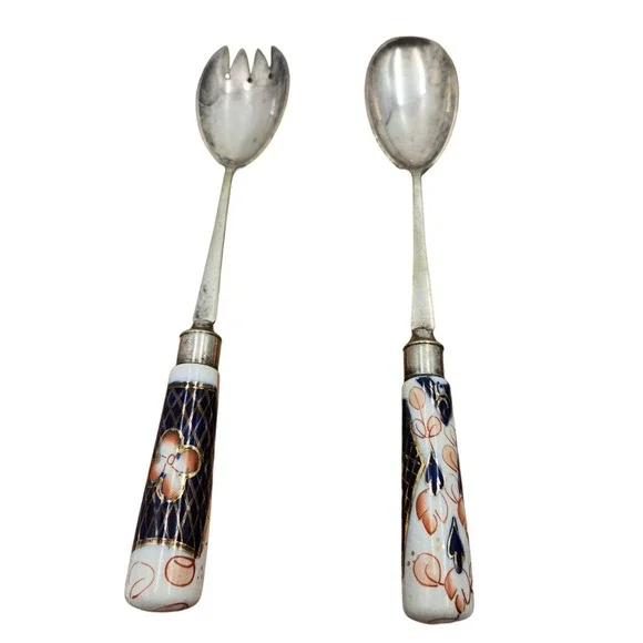 Vintage EPNS England Salad Serving Set Imari Style Porcelain Handles 10