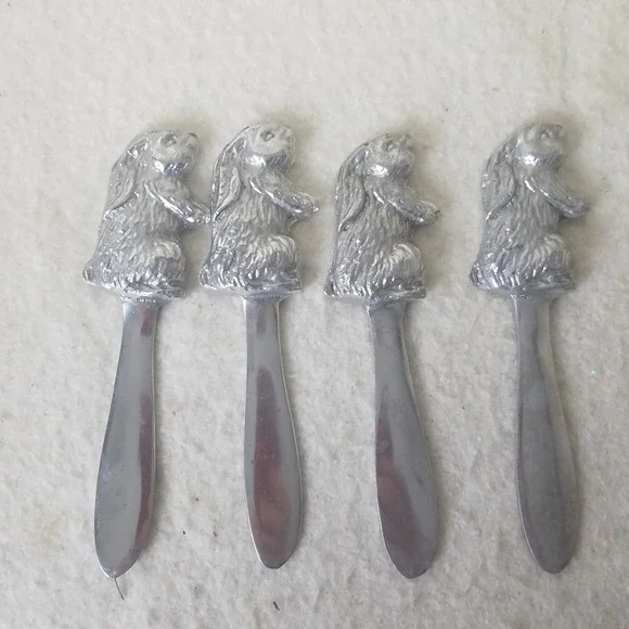 Bunny Rabbit Butter Spreaders Cheese Knives Easter Spring‎ Set of 4 Silver Tone