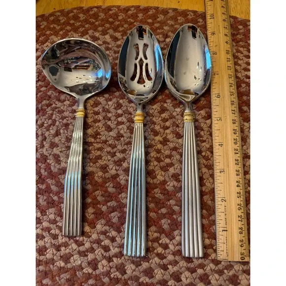 Reed & Barton Serving Set 3pc Silver Gold Accent Ladle Slotted Solid Spoon Korea