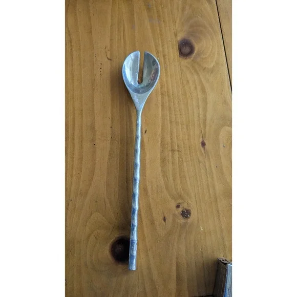 Hammered Metal Salad Serving Fork Long Bamboo Style Handle Silver 15.5‎ Inch