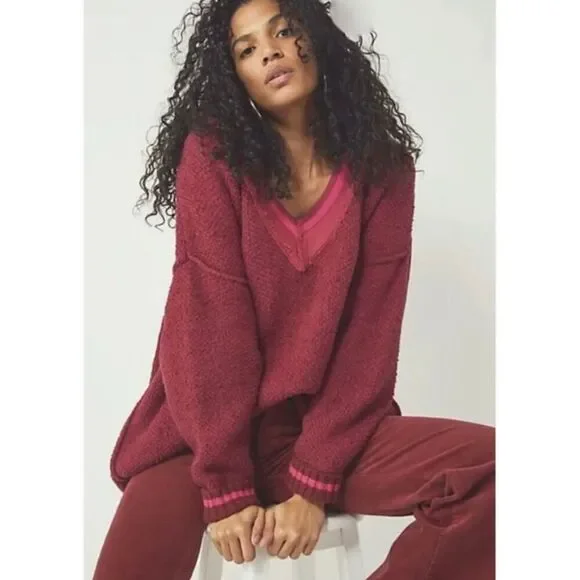 Free People Steffie V Neck Pullover Oversized Chunky Sweater Small