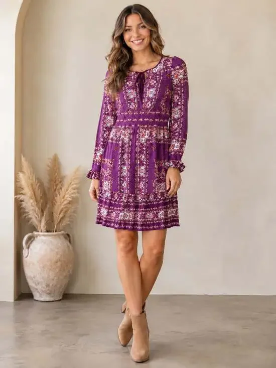 Free People Floral Boho Mini Dress Purple Long Sleeve Tie Neck XS