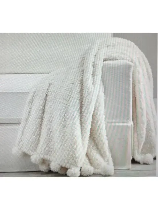 Pottery Barn Cozy Pom Pom Throw - 50x60 IN - Color White NEW
