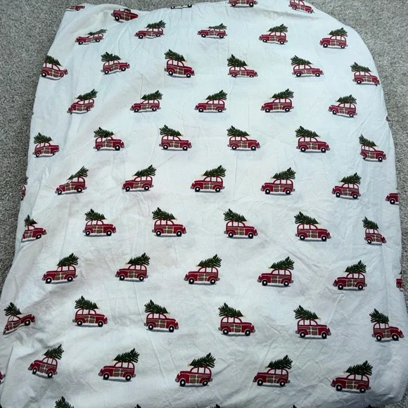 Pottery Barn Full Flat Sheet 100% Organic‎ Cotton Christmas Tree Station Wagon