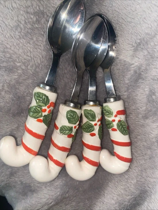 VTG Made In Japan Candycane Handles Stainless Steel Condiments Spoons Set Of 4