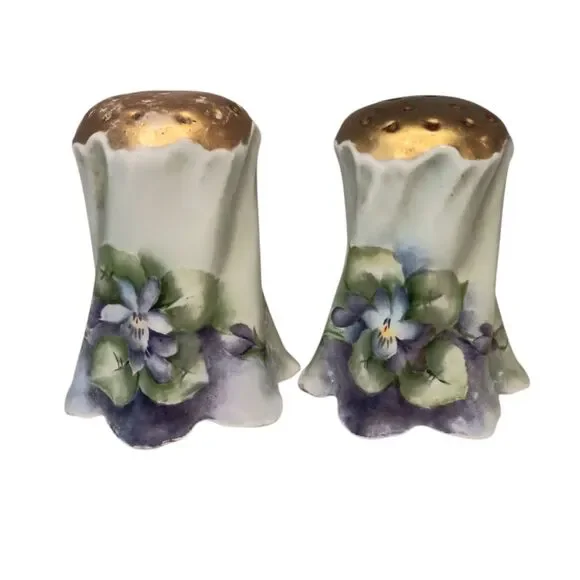 VTG Antique Hand Painted Violets Salt & Pepper Shakers Bavaria W/ New Stoppers