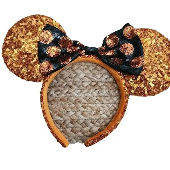 Disney Parks Bow Halloween‎ Orange Sequins Black Bow Rare Minnie Ears Headband