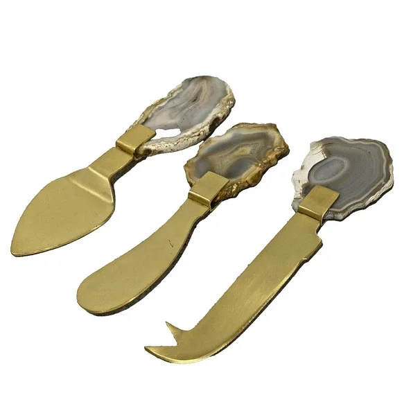 Lustrous Goldtone Metal & Raw Edge Agate Handles 3-pc Spreader Server Set Cheese