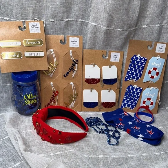 Red and Blue Party Kit Set of 10 items Tags Gift Tags Socks Cup Headband & More