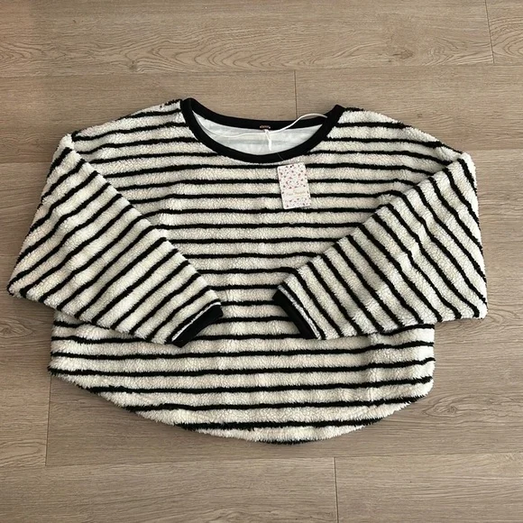 Free People Striped Fuzzy Crewneck Sweater Pullover NWT