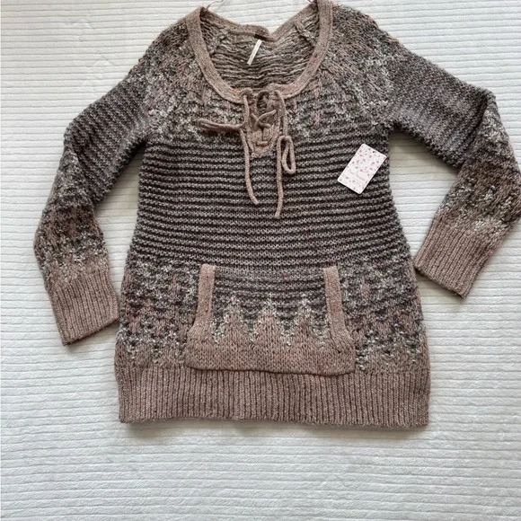 Free People Blush Taupe Lace-Up Cable Knit Scoop Sweater