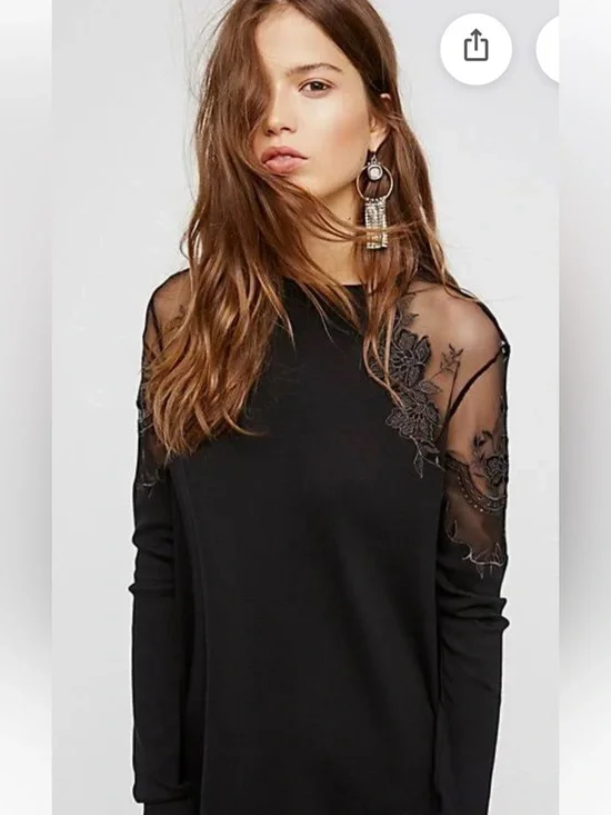FREE PEOPLE Romantic Goth Black Top with Gray Floral Mesh Shoulders