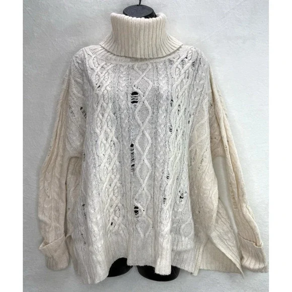 Free People Anita Distressed Cable Knit Sweater in Ivory Size Small