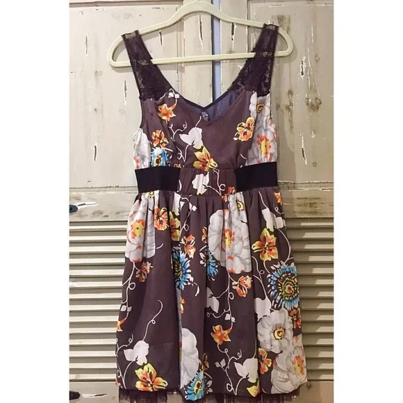 FREE PEOPLE Brown Floral Dress Lace & Tulle Boho Festival