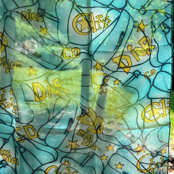 Dior Aqua and Yellow Logo Print Silk Scarf