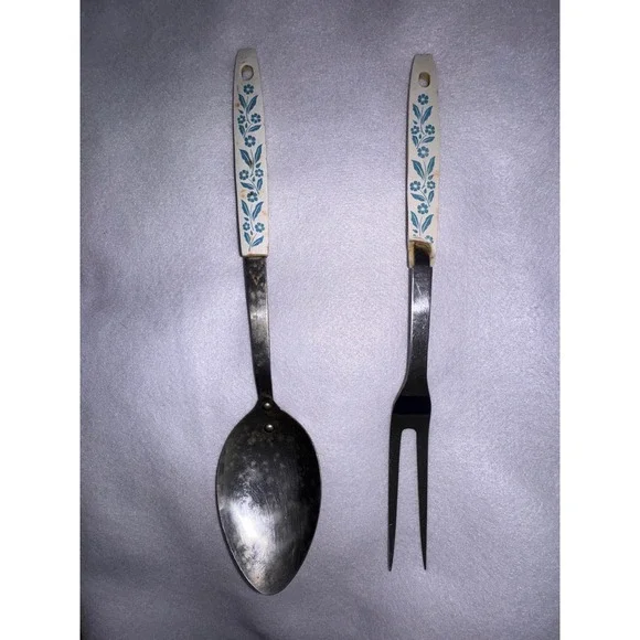 Vintage Household Japan Stainless Steel Serving Spoon and Fork Blue Floral MCM