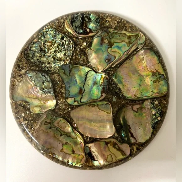 Plympton's Abalone Shell Mother of Pearl Lucite Acrylic Round Trivet 5.5 in USA