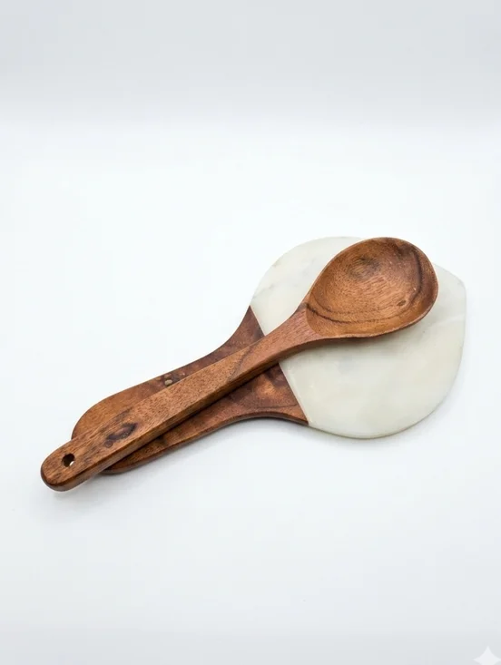 Marble and Acacia Wood Spoon Rest Mid-Century Modern Kitchen Decor Handcrafted