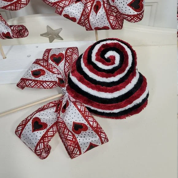 Decorative Velvety Yarn Dark Red Black & White Heart Lollipop w Red Heart Bow #3