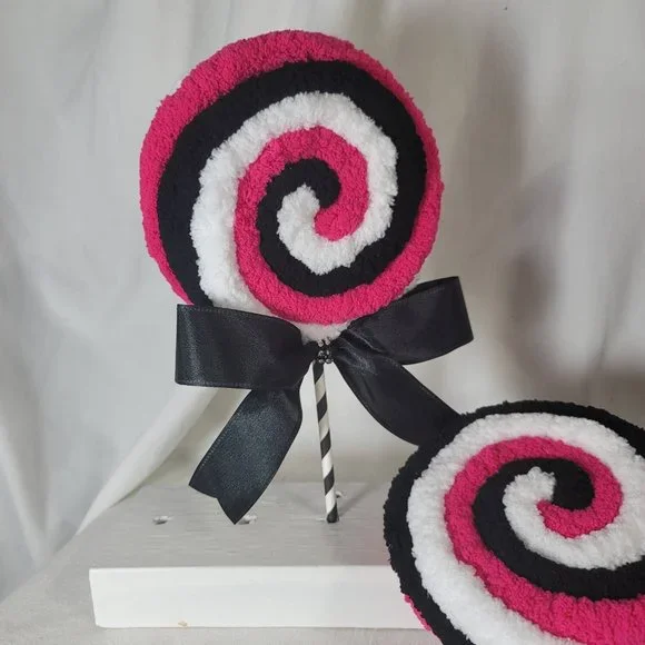 Decorative Chunky Yarn Hot Pink‎ White & Black Lollipops Black w Stripe Stick