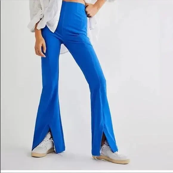 Free People Blue Real Deal Slit Flare High Waist Retro Pants