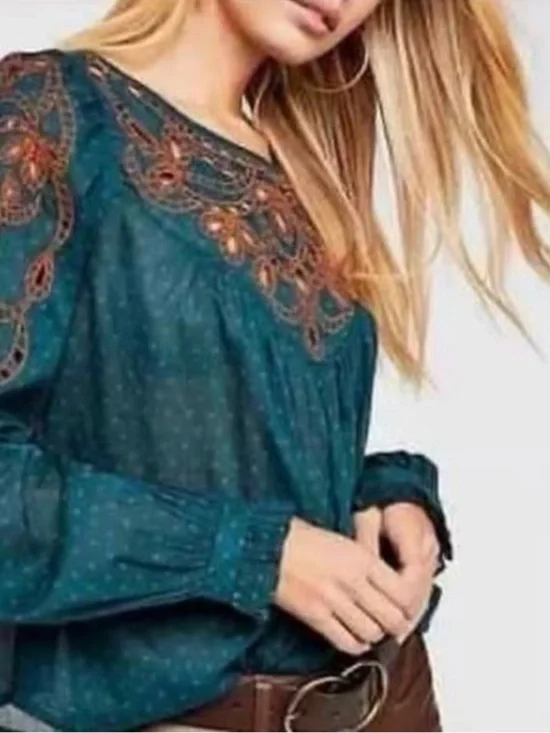 Free People Boho Embroidered Blouse Teal Crochet Lace Balloon Sleeve Top