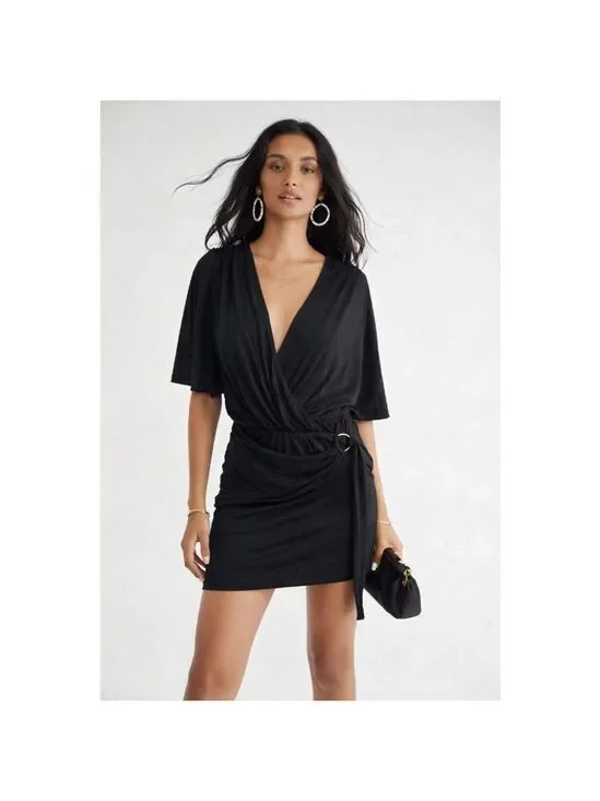 Free People Chelsea Knit Black Wrap Mini Dress NWT Small Kimono Sleeve