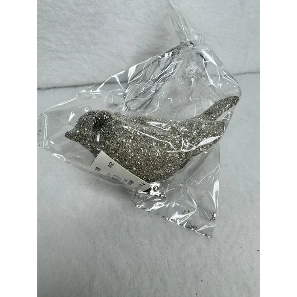 New Pottery Barn Glitter Bird Ornament Silver Christmas Decor Clip