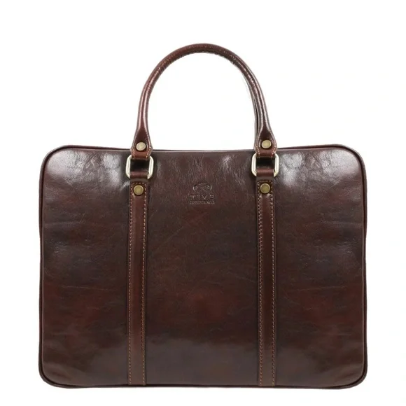 Vintage Manufactus Brown Leather Briefcase with Dual Top Handles