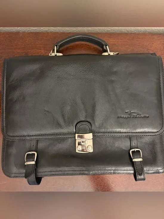 Vintage Maggio & Rosetto Leather Briefcase Black Expendable Bottom No Strap