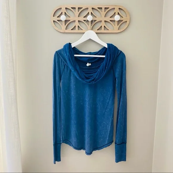 Free People Cosmo Tie Dye Cowl Neck Long Sleeve Top Blue Sz Small