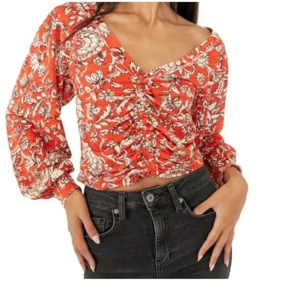 Free People “Say The Word” Long Sleeve Top | Red Combo | Size S