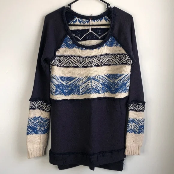 Free People Navy & Cream Patterned Sweater