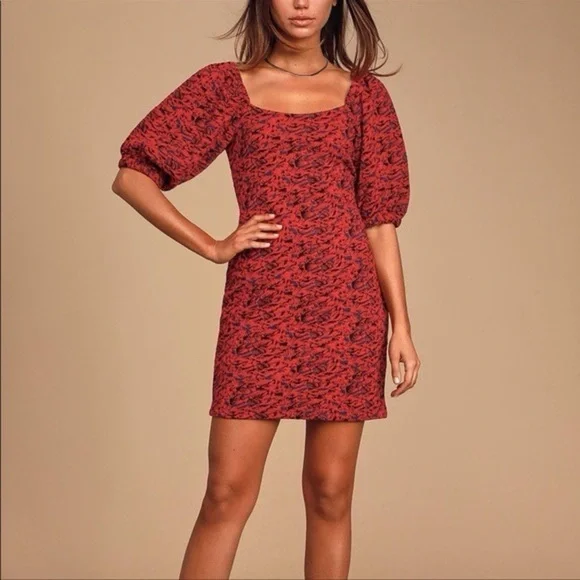 Free People Red Printed Puff Sleeve Sunset Mini Dress | Size XS