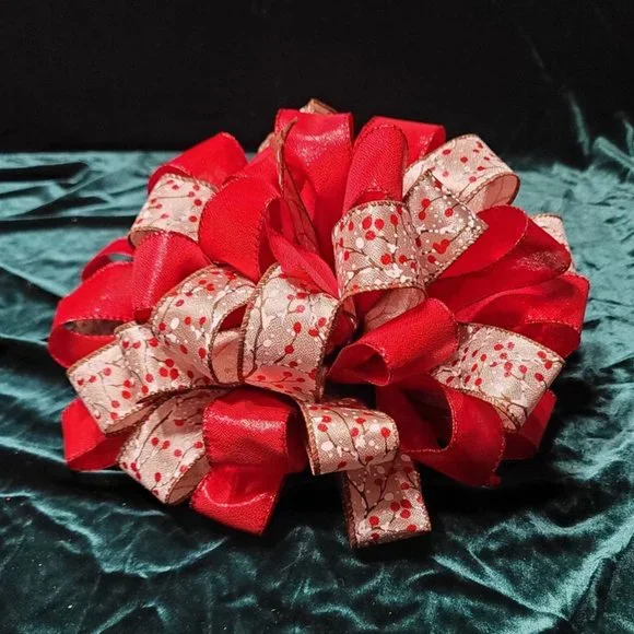 Snowy Red Berry and Red Ribbon‎ 44 Loop Bow Tree Topper