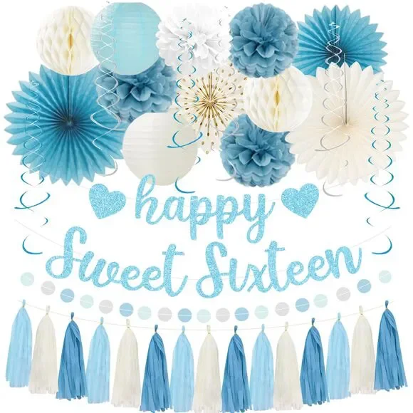 16th Birthday Decorations (Light Blue Glitter) Kit with decor
