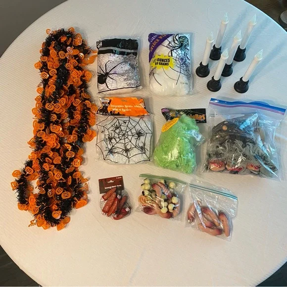 Halloween Party Decoration Bundle with Pumpkin Garland, Webs, Skull candlesticks