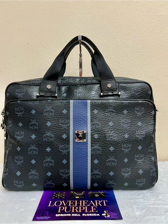 MCM Black and Blue Logo Stripe Briefcase