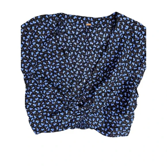 Free People Heart Print Twist Front Crop Top Blue Black V-Neck Smocked Back