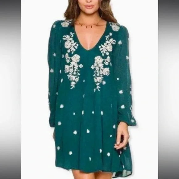 Free People Green Sweet Tennessee Embroidered Long Sleeve Dress