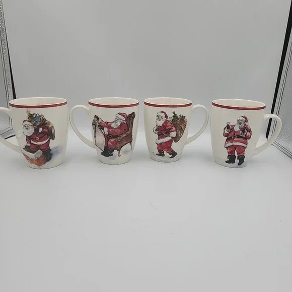 POTTERY BARN SET of 4 SANTA CLAUS CERAMIC MUGS Christmas Holiday