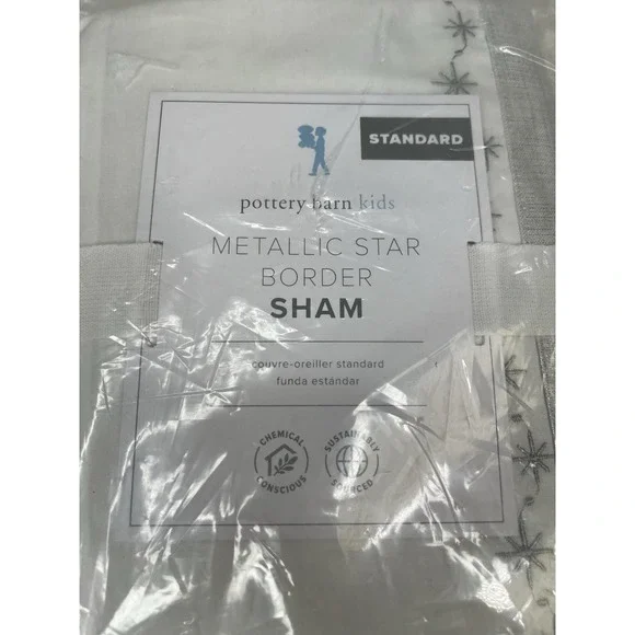 New Pottery‎ Barn Kids METALLIC STAR BORDER Standard SHAM Silver White Holiday